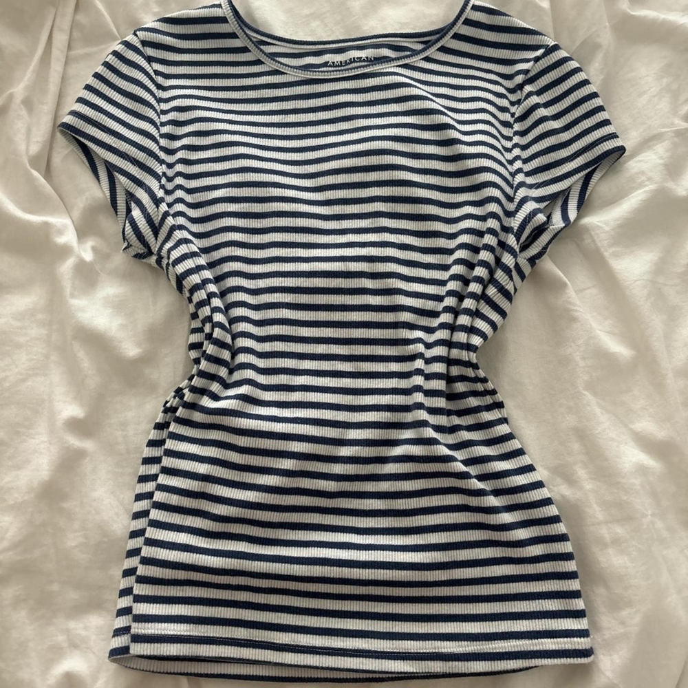 American Eagle Outfitters Navy and White Striped Tee
